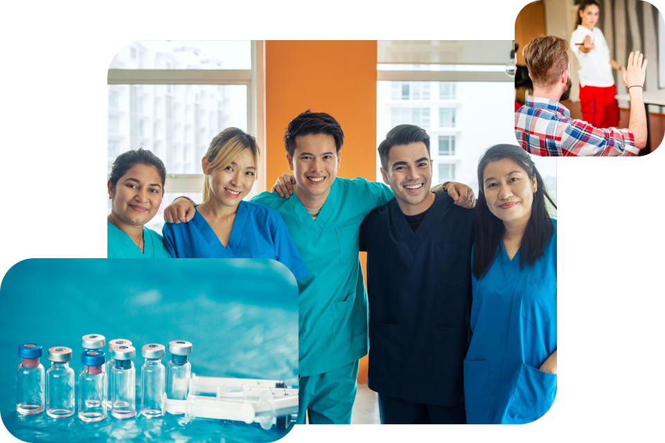 A group of people in scrubs posing for the camera.